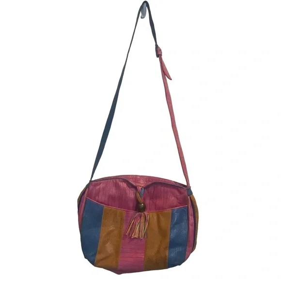 Vintage Sherif Leather Fabric Color Block Fringe Shoulder Bag Embossed